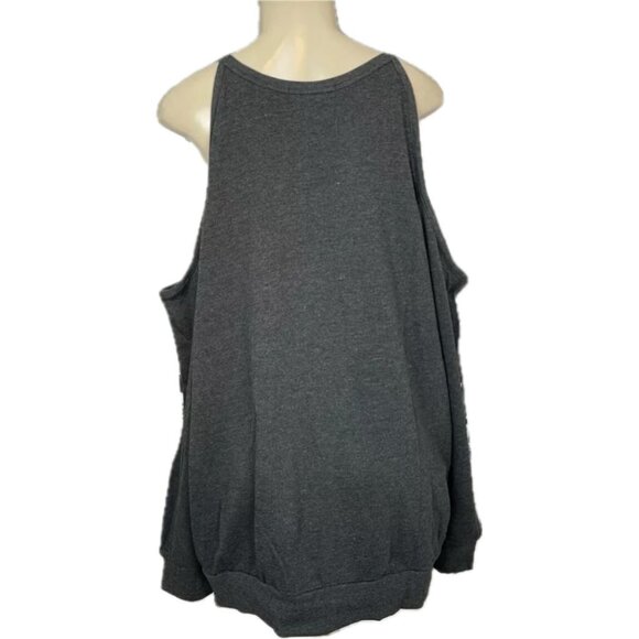 Vinyl Icons +5 Gray Fleece Knit Poison Band Skull-Rose Cold Shoulder Sweatshirt - Picture 4 of 8